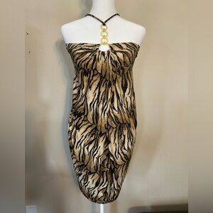 Vintage Caché Metallic Animal Print Halter Dress w/Rhinestones, Size S (A2)